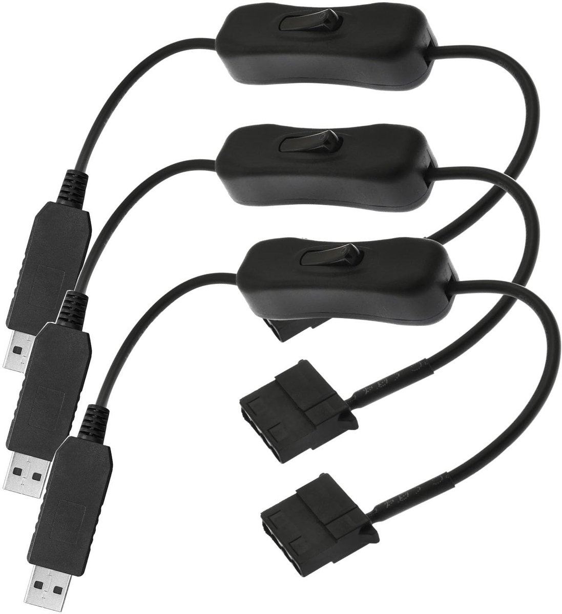 3PCS USB naar Molex 12V Fan Adapter met Schakelaar - 3-Pin & 4-Pin
