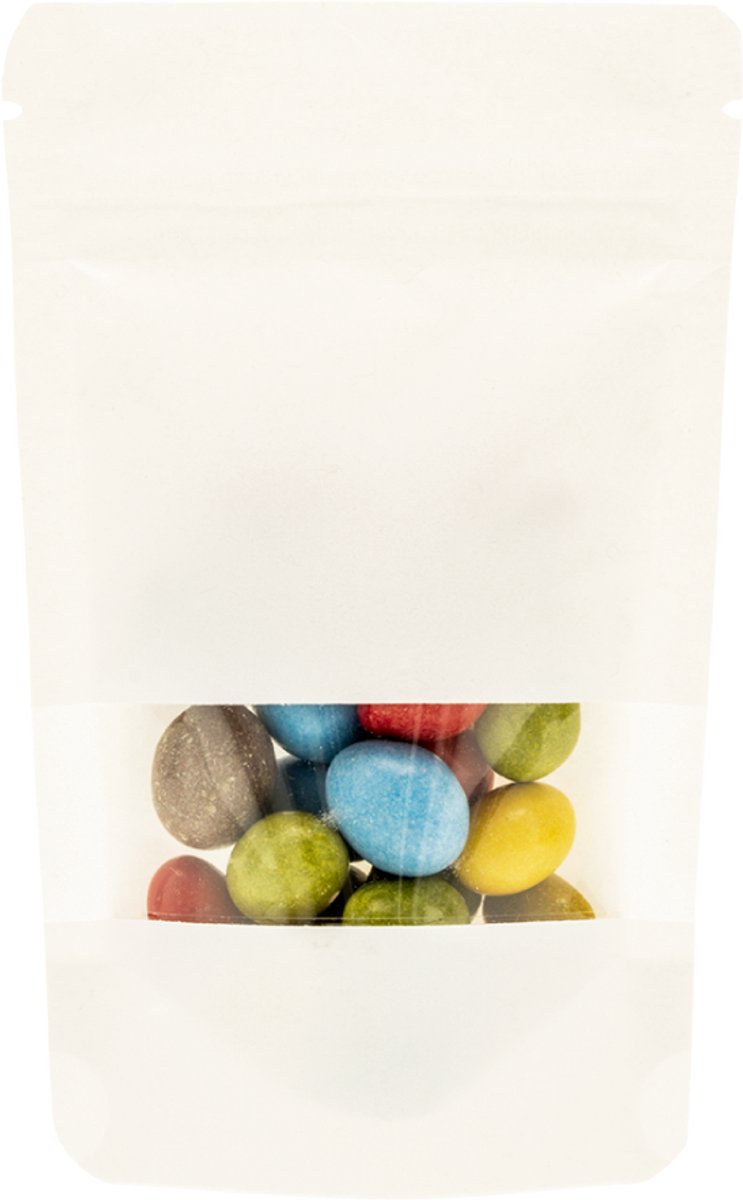100x Stazakken Kraftpapier Wit Met Venster 85 x 110 mm (100 ml) Stazak Hersluitbaar Luchtdicht en Vochtdicht - Gripsluiting - Voedselveillig - Hersluitbare Stazak - Ziplock zakjes - Hersluitbare zakjes