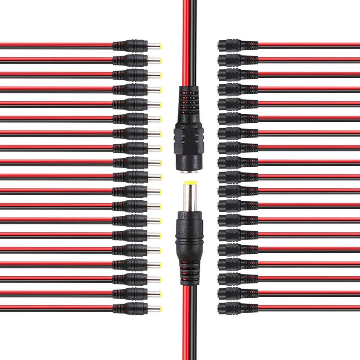 Dailygoods - DC Power Pigtail kabels - 20 paar - Voor CCTV-beveiligingscamera's - Rood + Zwart - Voedingskabels - Geschikt voor beveiliging - 2,1 x 5,