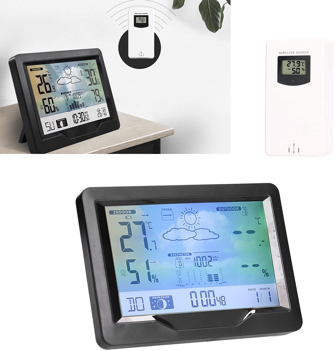 Dailygoods - Weerstation - Binnen-buitenthermometer - Kleurenscherm - Elektronische klok - Kalender - Thuisgebruik - Weermonitoring