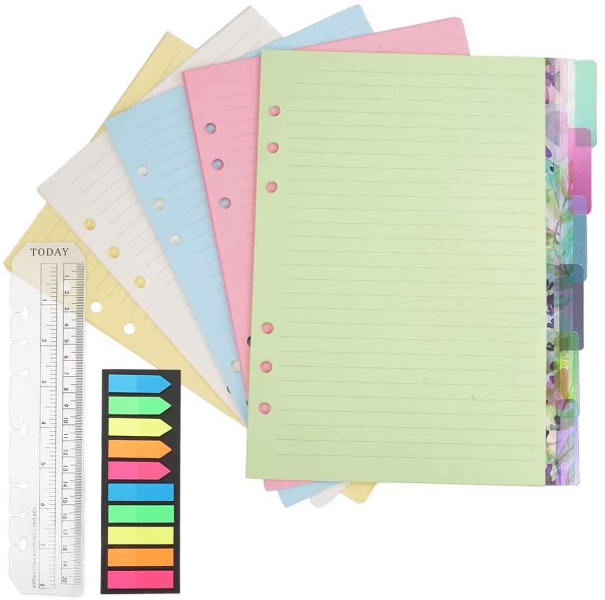 Dailygoods - Notitiepapierset - Navulbaar A5-papier - Hoogwaardig papier - Kleur: ivoor/geel/roze/groen/blauw - Inclusief tabbladen en sticky tabs - G