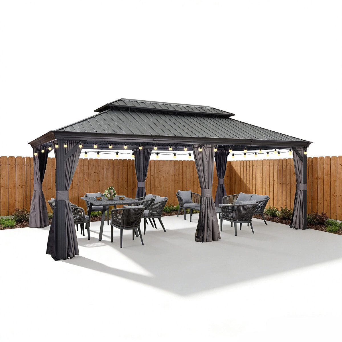 PURPLE LEAF Hardtop Aluminium Tuinpaviljoen – Dubbel dak – Hoogwaardige Gordijnen – Wind- en weerbestendig – Luxueus Grijs – Met Sfeerverlichting