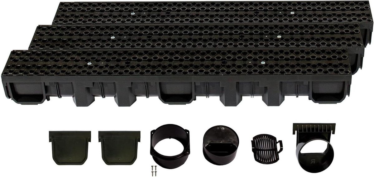 Drainagegoot set - Grondgoot regenwater - Overtollig water afvoeren - Modulair plug-in systeem - 3 meter lengte - Zwart honingraat