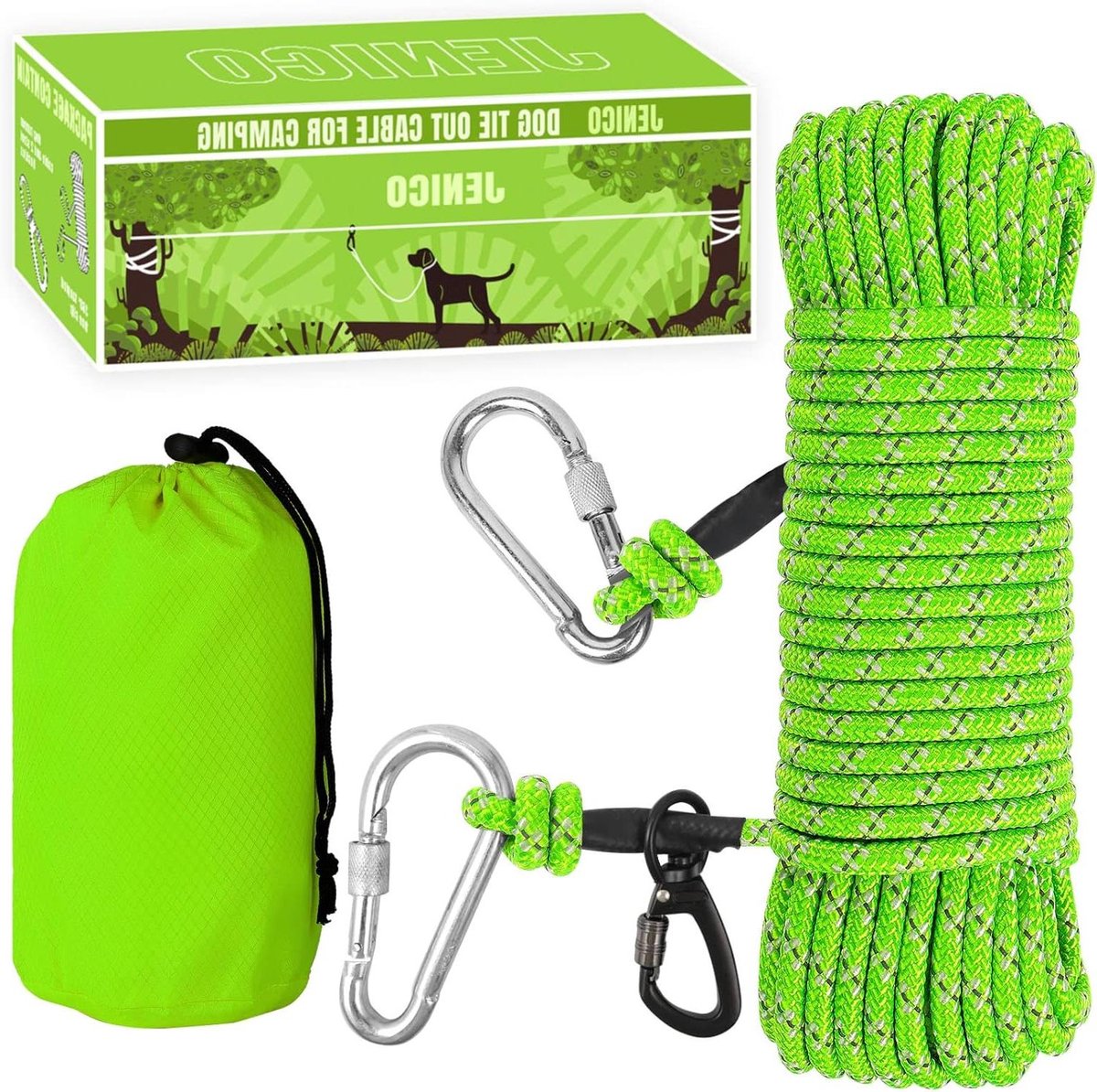 Hondenlooplijn Kamperen - Honden Zipline - Veilig Buiten - Reflecterend Touw - 15 Meter - Groen