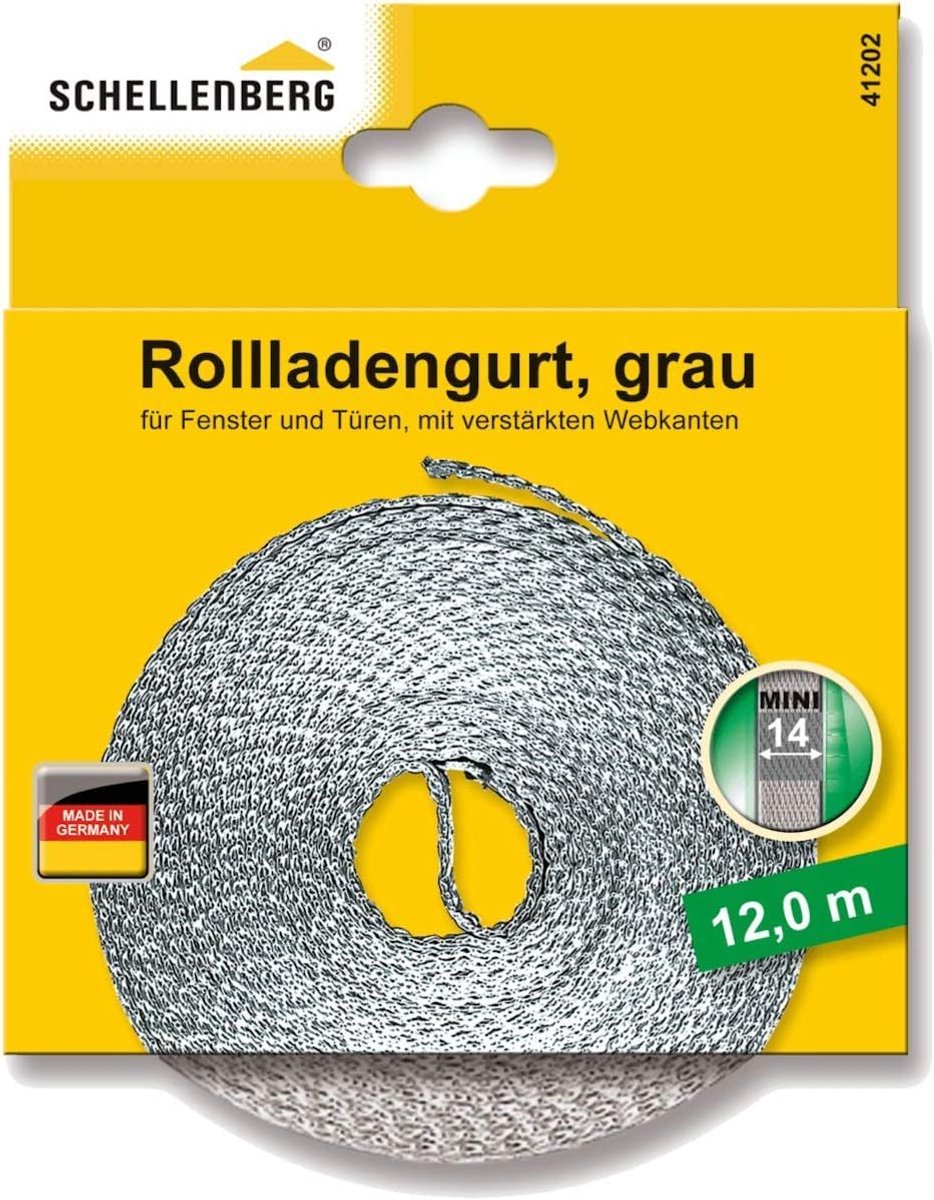 Schellenberg 41202 Rolluikband 14 mm x 12 m System MINI, rolluikband, webbing, rolluiktape, grijs