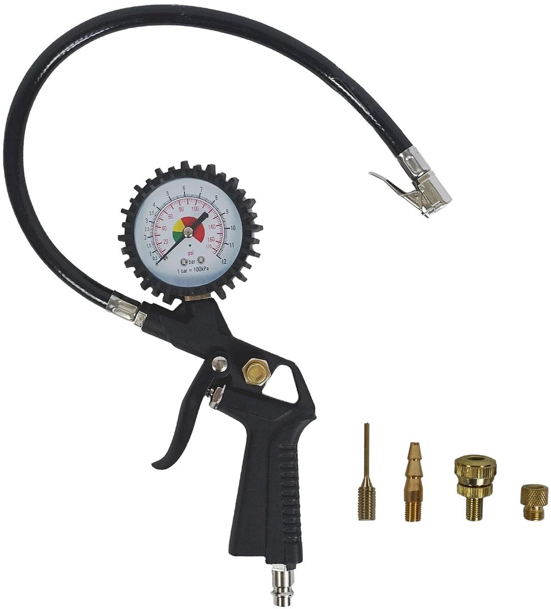 Bandenpomp met vier adapters (balnaald, Dunlop/Presta-ventiel, autoventiel, drietrapsventiel) | Drukmeter tot maximaal 12 bar | Bandenspanningsmeter | Luchtdrukmeter | Accessoires voor de compressor