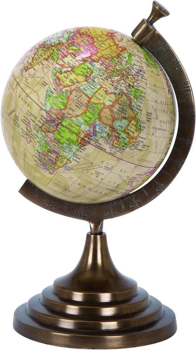 Aluminium Wereldbol Decoratie - Educatief Tafelstuk - Kinderen Leren Geografie - Gepolijste Afwerking - 38 cm Hoog - Brons