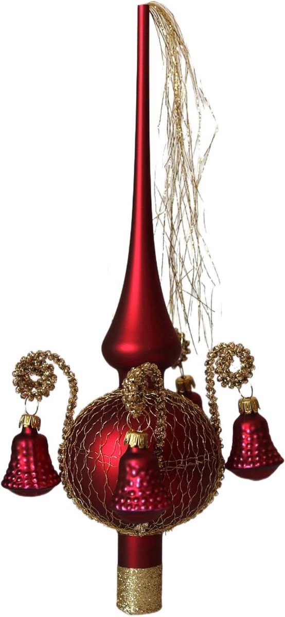 Kerstboompiek - Kerstversiering punt - Kerstboom versieren - Mondgeblazen glas - 28 cm - Donkerrood mat