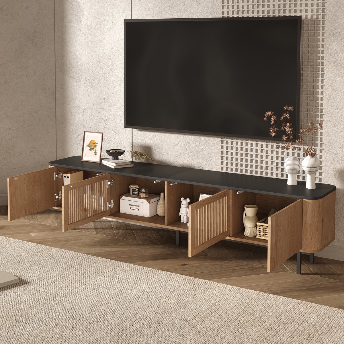 MIVRAY TV Meubel - Minimalistisch Met Rasterdeuren En Opbergruimte - Voor Woonkamer En Werkplek - MDF Spaanplaat - 190x35x45 Cm