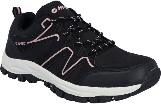 Zwarte dames wandelschoen met roze logo en veters, witte zool.