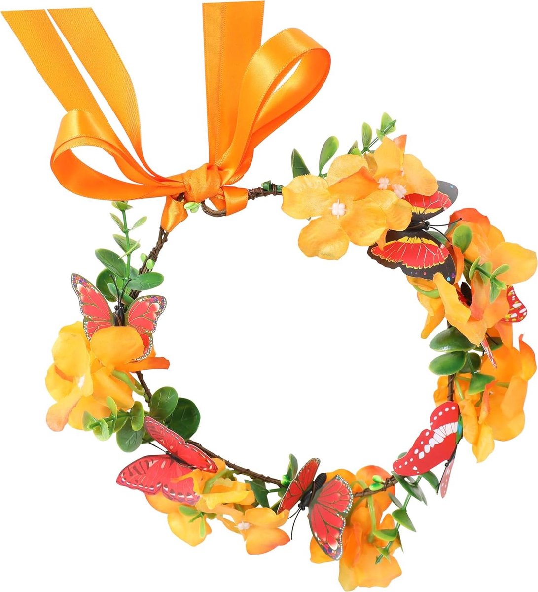 Bloemenkroon - Bloemen hoofdband - Feestelijk accent - Verstelbaar lint vlinders - 40 gram - Oranje