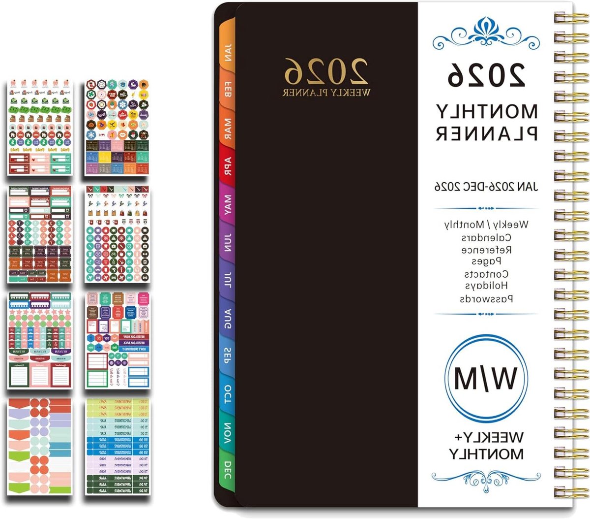 Planningskalender 2026 - Agenda planner - Wekelijks maandelijks plannen - Inclusief 8 stickers - 15 x 21 cm - Zwart
