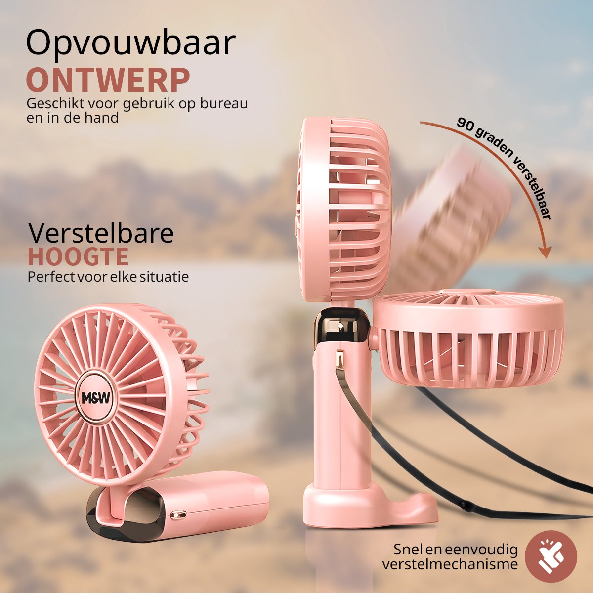 M&W Draagbare Elektrische Hand Ventilator - Mini Hand Fan - Airco Verkoeling - USB Oplaadbare Ventilatoren - Handventilator Roze — afbeelding 6