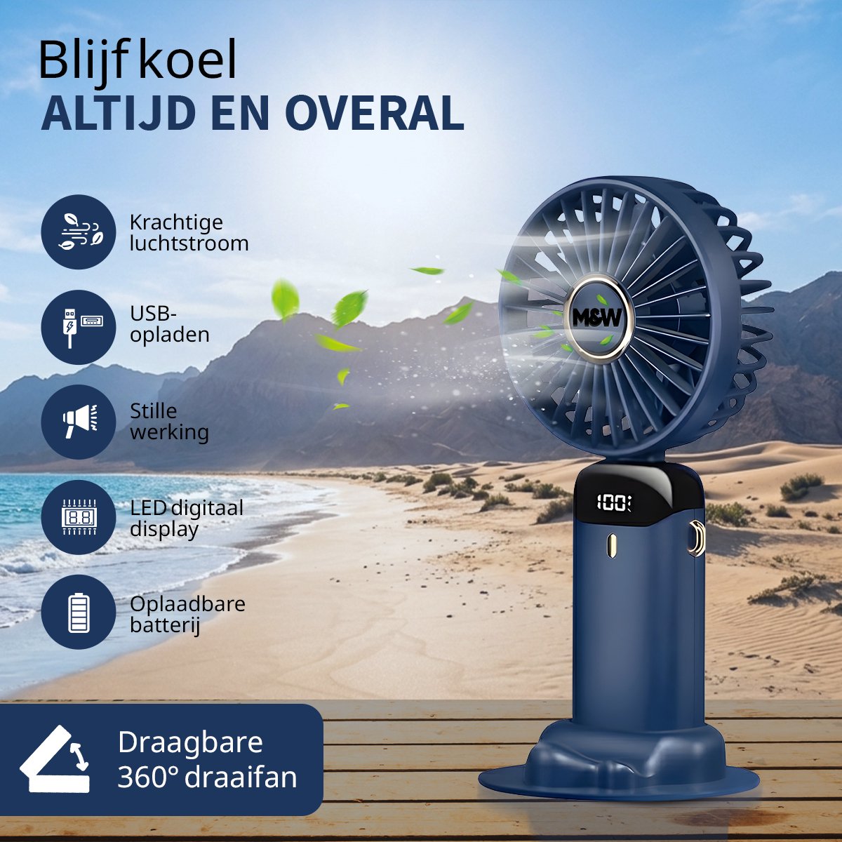 Draagbare Elektrische Hand Ventilator - Airco Verkoeling - Mini Tafelventilator - 5 standen USB Oplaadbaar - Zomer Cadeau Blauw — afbeelding 11