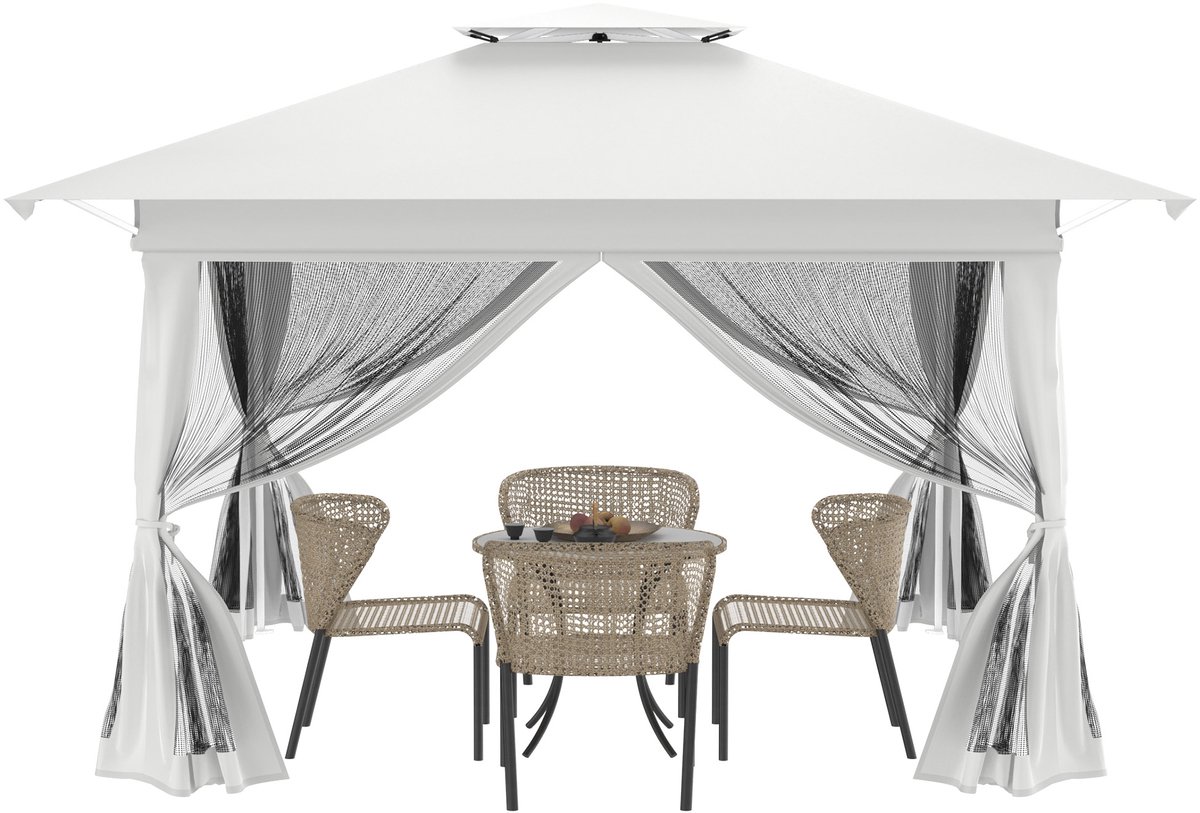 Aufun 4x4M Pop-up Tuinfeesttent - Opvouwbaar Paviljoen met Dubbele Beschermhoes, Afneembare Zijpanelen en Muggennet, Wit