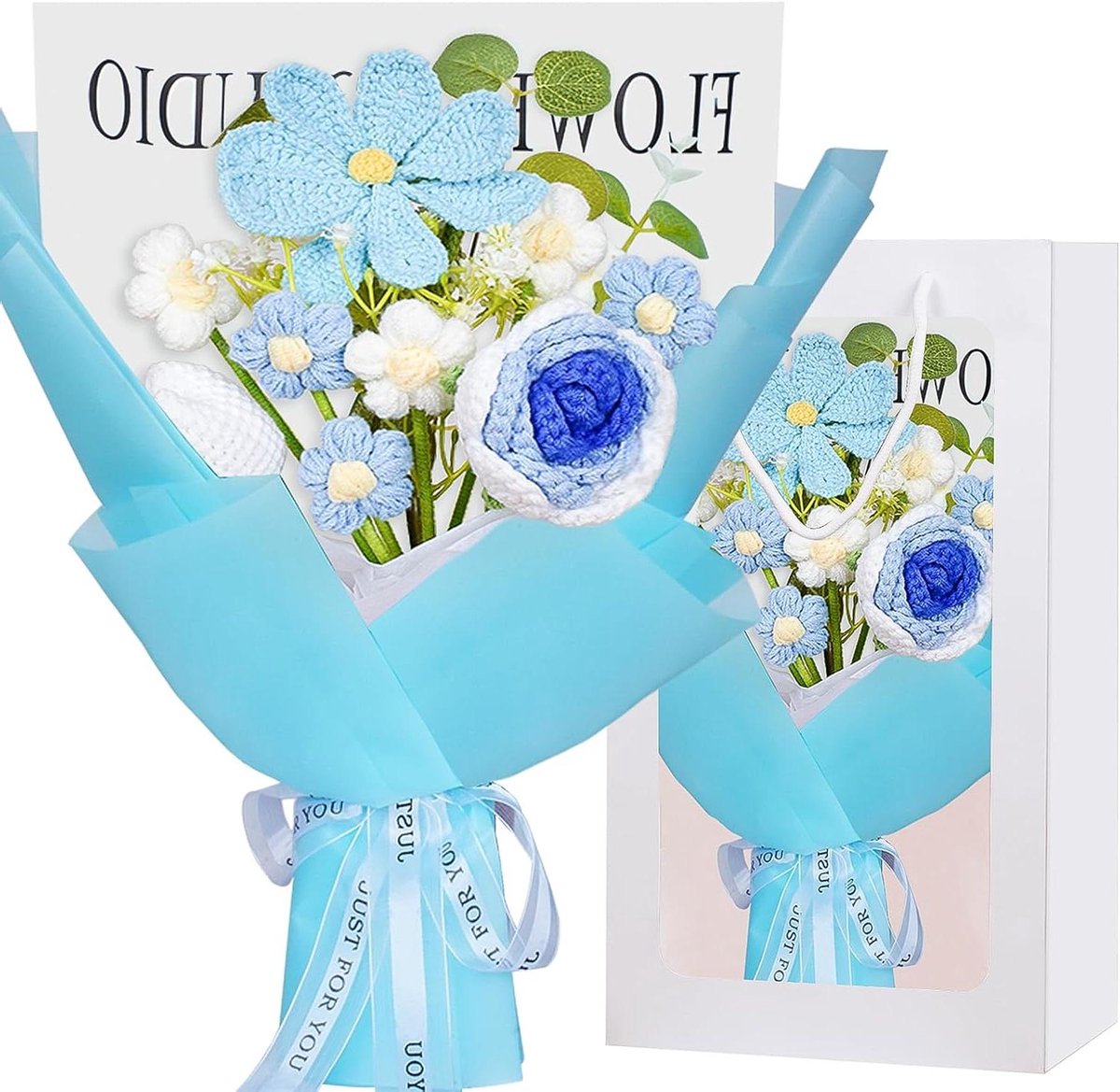 Gehaakt bloemen boeket - Handgeweven bloemen - Huisdecoratie opfleuren - 100% handgeweven katoen - 44 cm hoog - Blauw