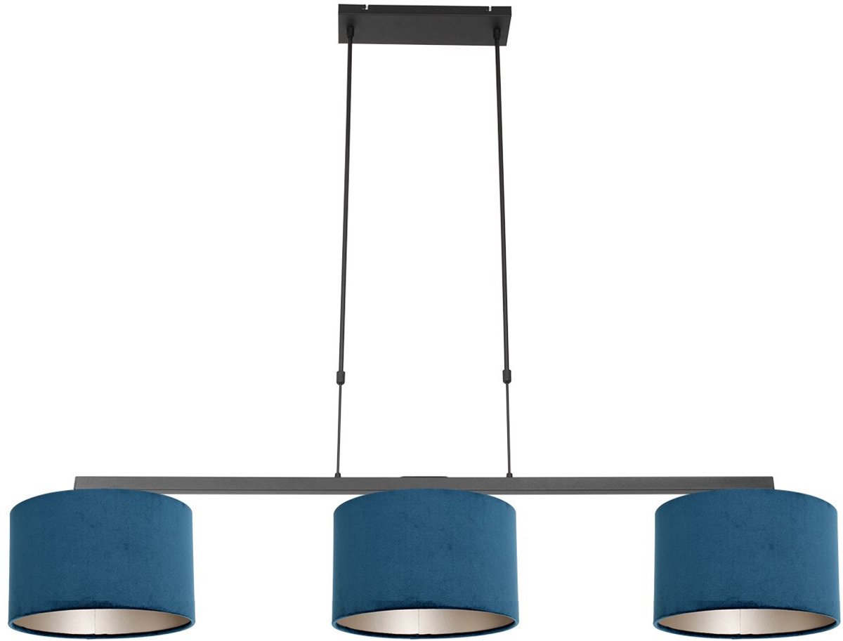 Zwarte 3-lichts hanglamp Stang 3464ZW met blauw velours kappen, metaal, hoogte instelbaar, Steinhauer, landelijk stijl