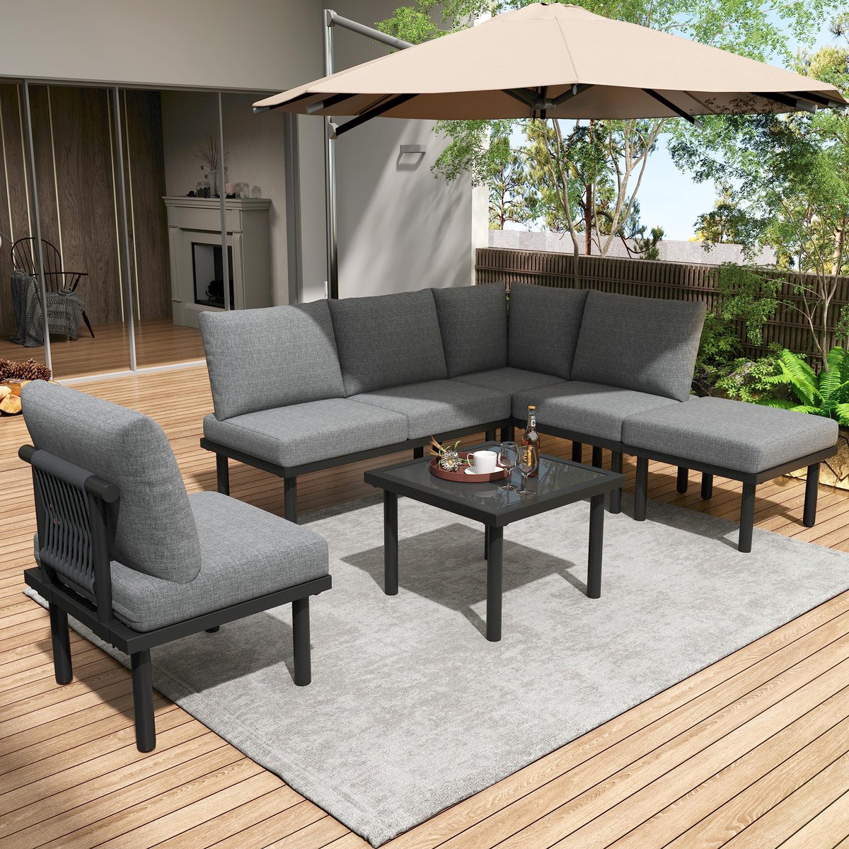 MODENUIT Loungeset 6-delig - Met Verstelbare Voeten En Glazen Tafelblad - Voor Tuin En Terras - Olefin Grijs