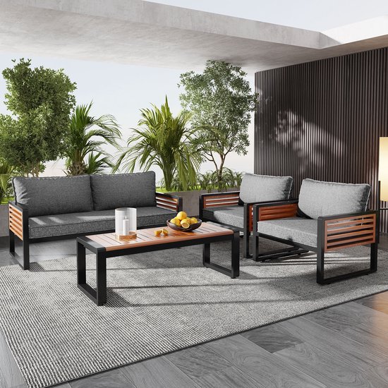 MODENUIT Tuinmeubelset 4-Delig 115 x 60 x 64 cm - Met 2-Zitsbank en 2 Stoelen - Voor Tuin en Terras - IJzer Grijs