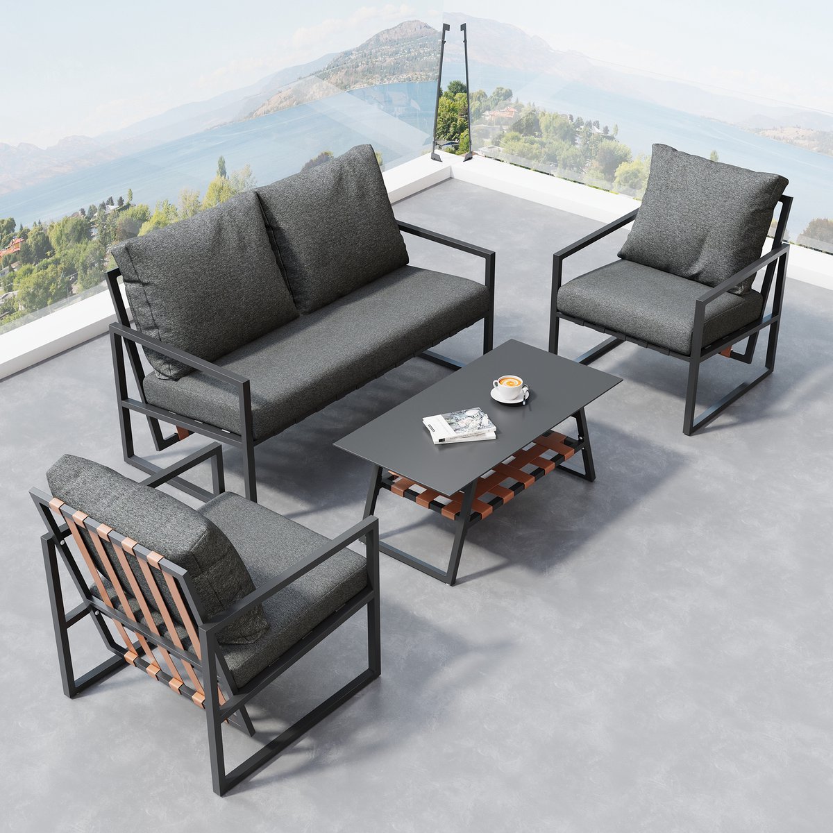 MODENUIT Tuinloungeset 4-Zits - Met Salontafel, Opbergplank En Afneembare Kussens - Voor Tuin En Balkon - PVC Zwart