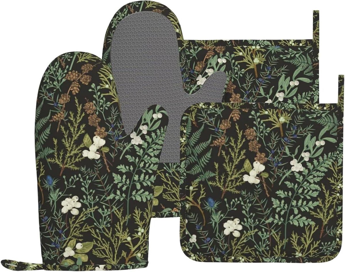 Ovenwanten en Pannenlappen - Keukenhandschoenen Set - Veilig Koken Grillen - Hittebestendig Antislip - Set van 4 - Groen Botanisch