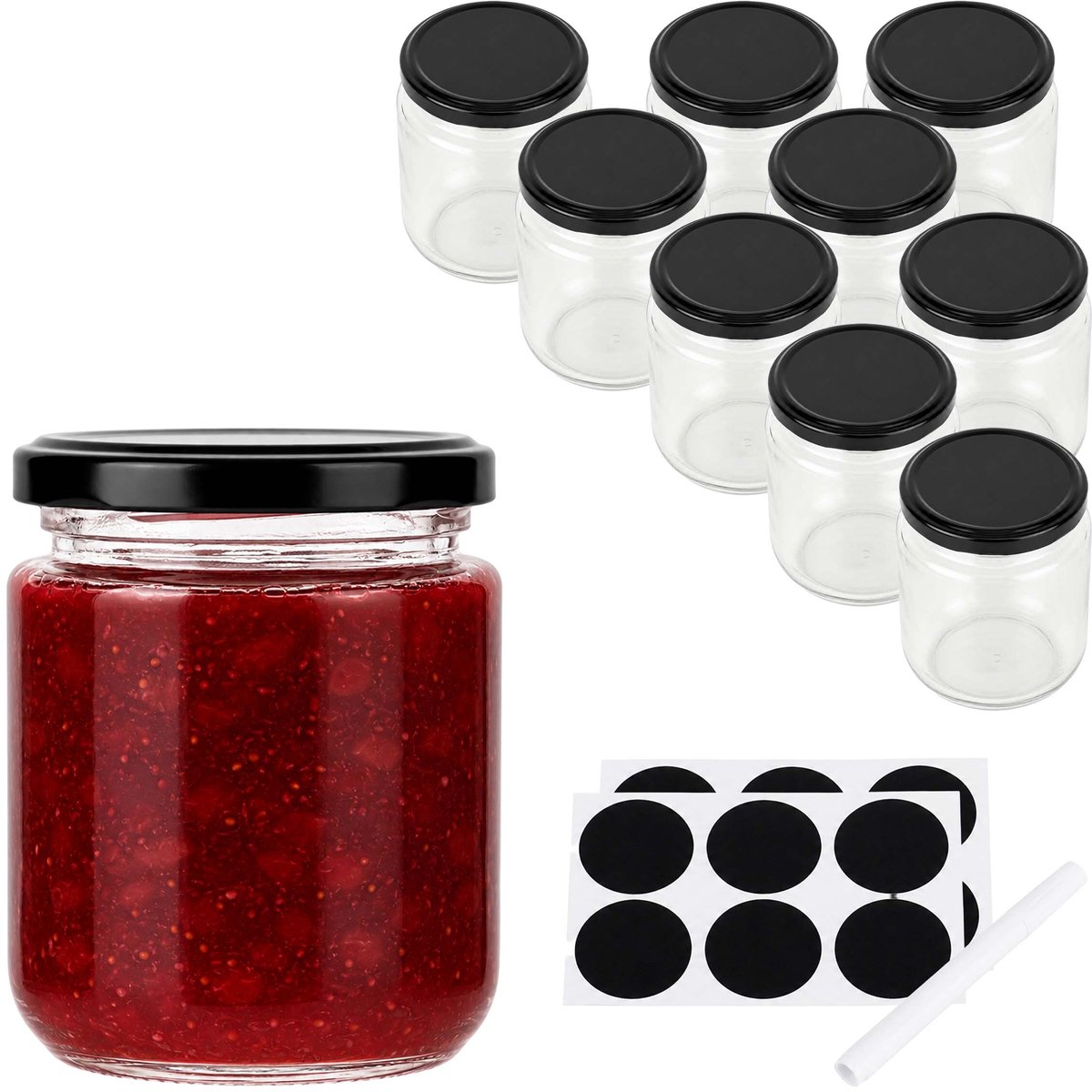 Inmaakglazen - 10 stuks - 200 ml - transparant en zwart - glas