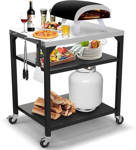 Multifunctionele Buitenkeuken Trolley voor Pizza en Grill, Roestvrijstalen Keukenwagen, Ideaal voor Ooni, Ninja Woodfire en Weber Q, Grote Rollende Eettafel