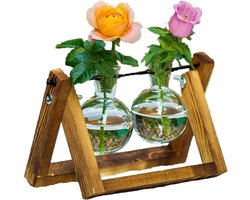 Plant Terrarium voor Plantenvermeerdering met Houten Rek voor Hydroponics en Thuisdecoratie - 2 Potten voor Groene Planten