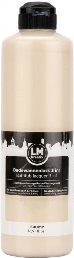 Fles badkuipverf 3-in-1 in de kleur zandsteen. De fles is beigekleurig met een zwart etiket waarop 'LM kreativ' staat.