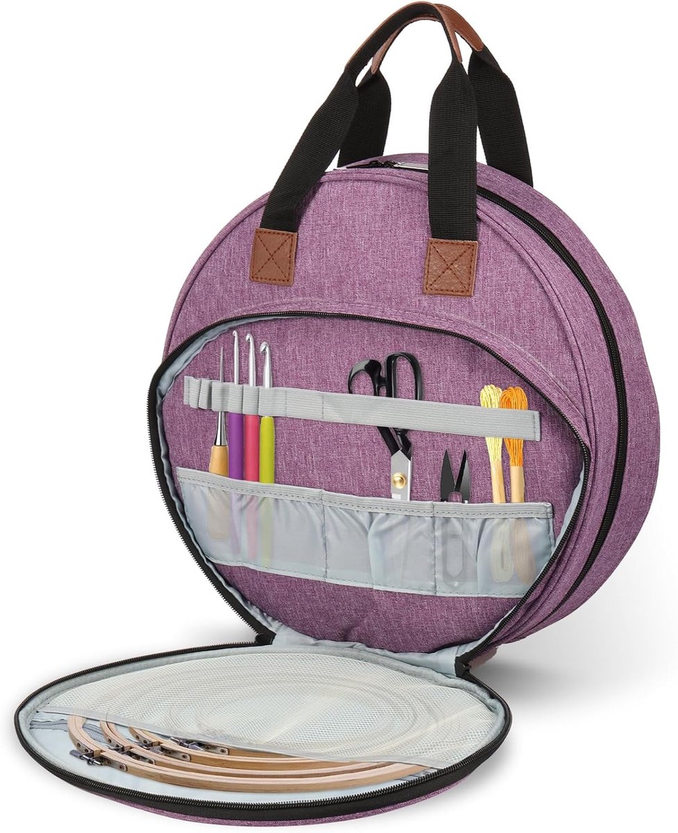 1 stuk borduurtas - 46×32×10.5cm - Handtas voor het opbergen van borduurbenodigdheden - Met meerdere vakken en handvatten - Kruissteektas - Geschikt voor borduurgaren, borduurring en borduuretui - Paars