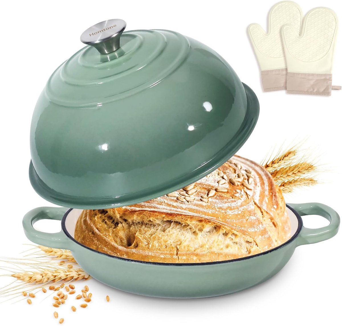 Gietijzeren Braadpan Broodpan Deksel Zuurdesem Bakken Geëmailleerde Afwerking 22cm Rond Stofgroen