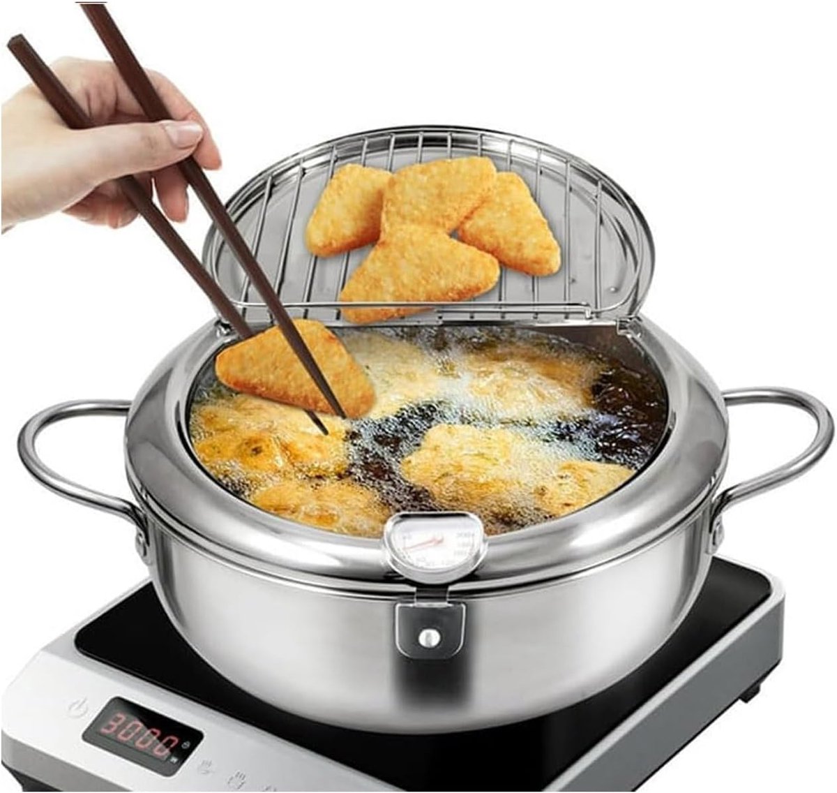 Japanse Frituurpan - Roestvrij Staal - Veelzijdig Koken - Temperatuurregeling Deksel - 3.2 Liter