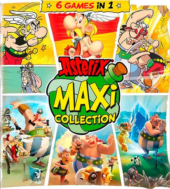 Hoes van de Asterix Maxi Collection met 6 spellen in 1 voor Nintendo Switch. Verschillende scènes met Asterix en Obelix.