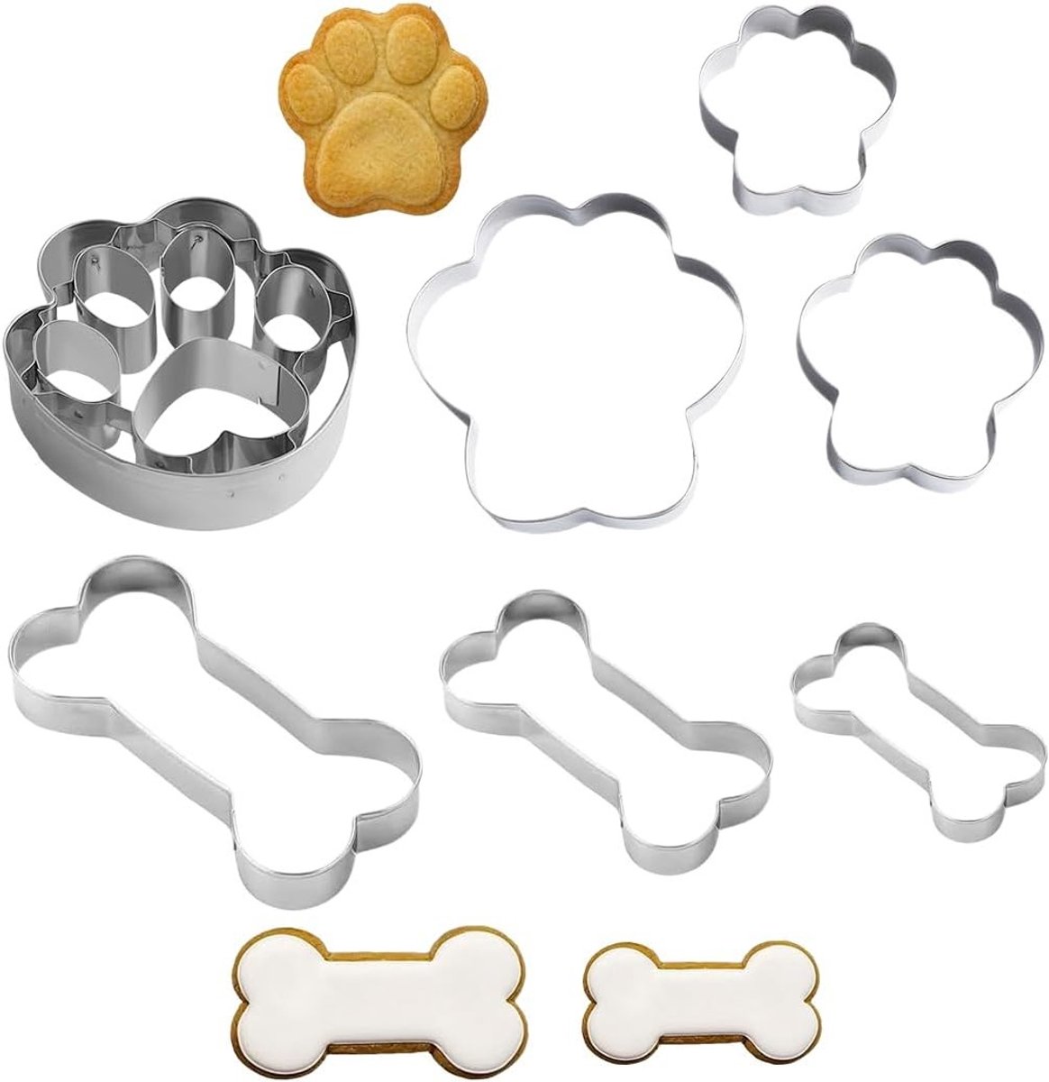 Set van 7 Hondenkoekjes Uitsteekvormen in Botvorm voor Bakken van Koekjes en Fondant