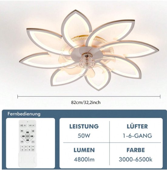 8 Bloem Ventilator Lamp - Moderne Plafondlamp Ventilator - 6 Standen - RGB - Dimbaar - Plafondventilator — afbeelding 5