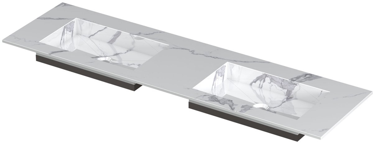 INK Post wastafel in keramische slab met envelop bodem dubbele wasbak zonder kraangat 160x45x1cm, statuario glans