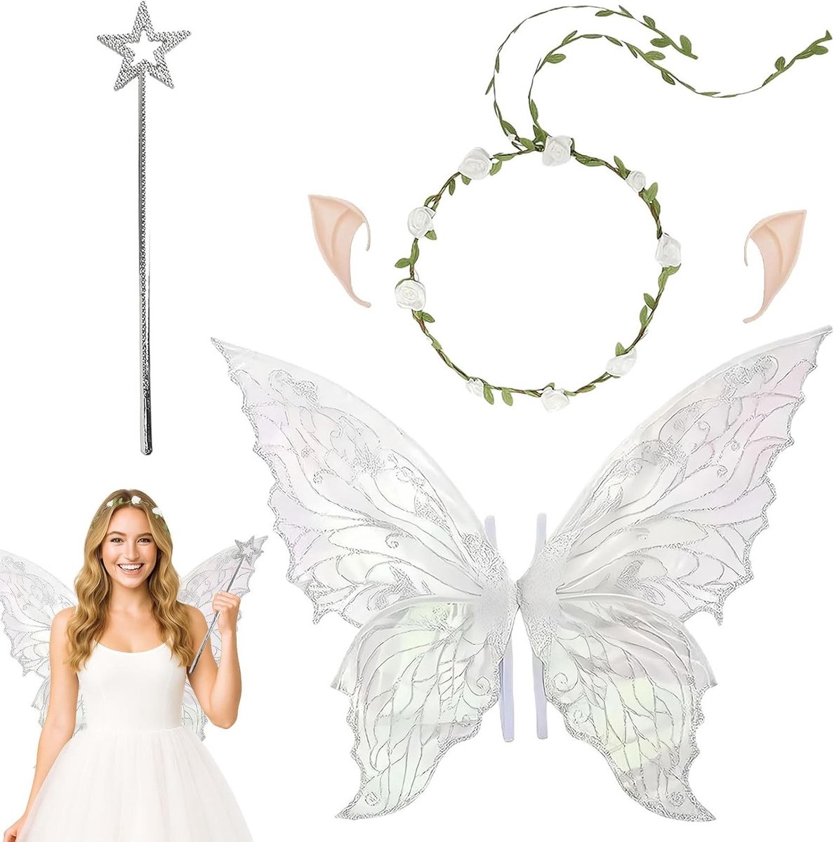 Feestelijke Feeën Kostuumset met Vleugels, Elf Oren en Bloemekrans voor Kinderen en Volwassenen, Perfect voor Carnaval en Themafeesten