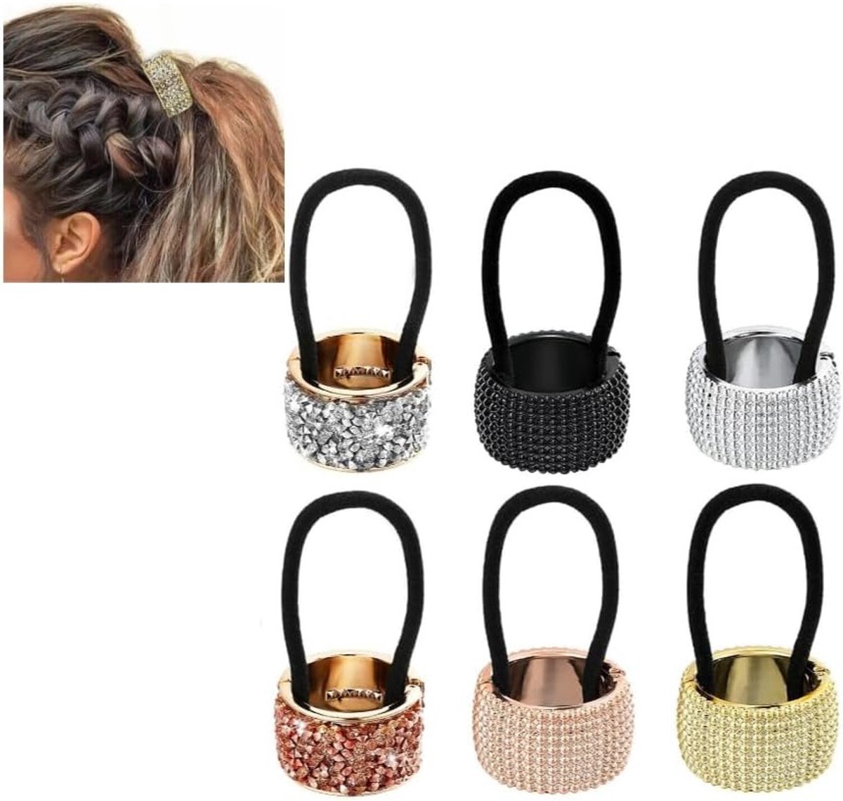 6 Stuks Luxe Haarelastiekjes en Haarspelden met Strassversiering voor Dames