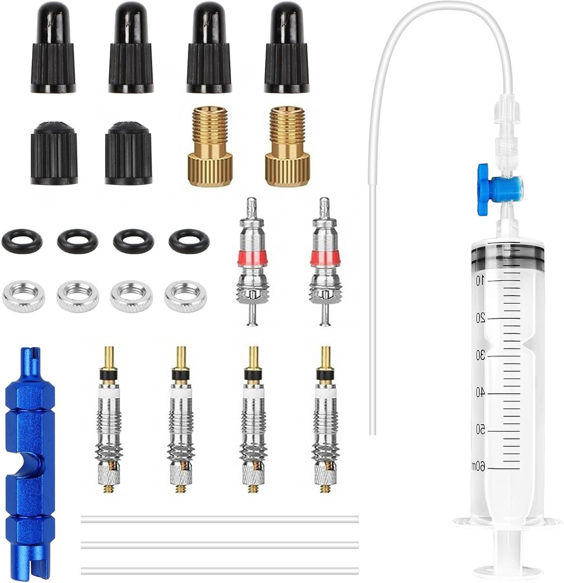 Tubeless Sealant Spuit voor Fietsen - 60ml Injectieset voor MTB en Racefietsen met Ventielkernverwijderaar en Adapter - Noodaccessoires voor Bandenreparatie en Onderhoud