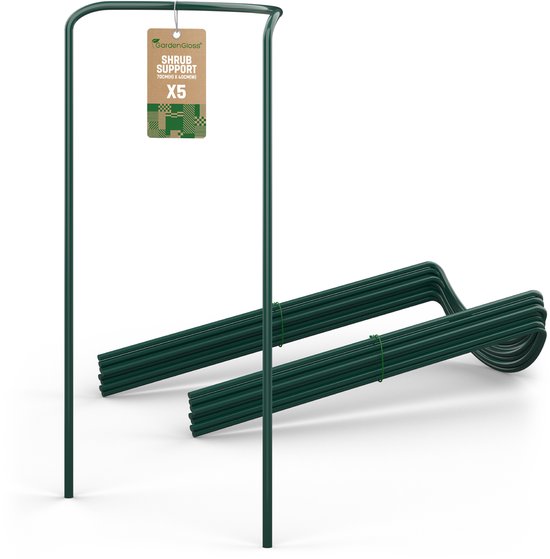 Vijf groene GardenGloss struiksteunen met een halfronde bovenkant en een label met "SHRUB SUPPORT X5".