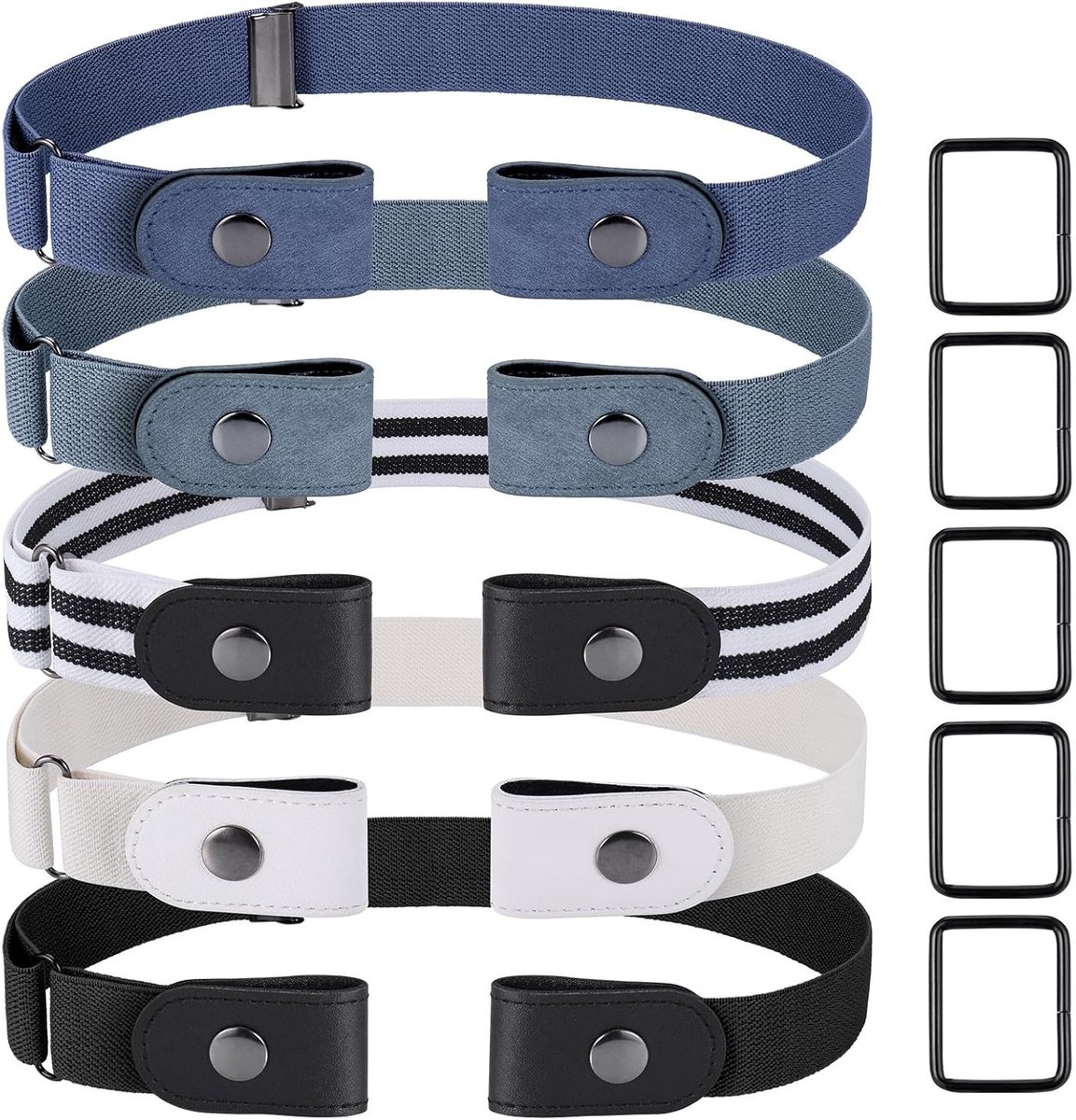 Set van 5 Elastische Riemen zonder Gesp - Verstelbare Stretch Riemen voor Mannen en Vrouwen in Zwart, Lichtblauw, Donkerblauw en Wit - Comfortabel en Stijlvol Accessoire