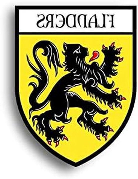 Écusson doré avec un lion noir et le texte 'VLAANDEREN' en blanc.