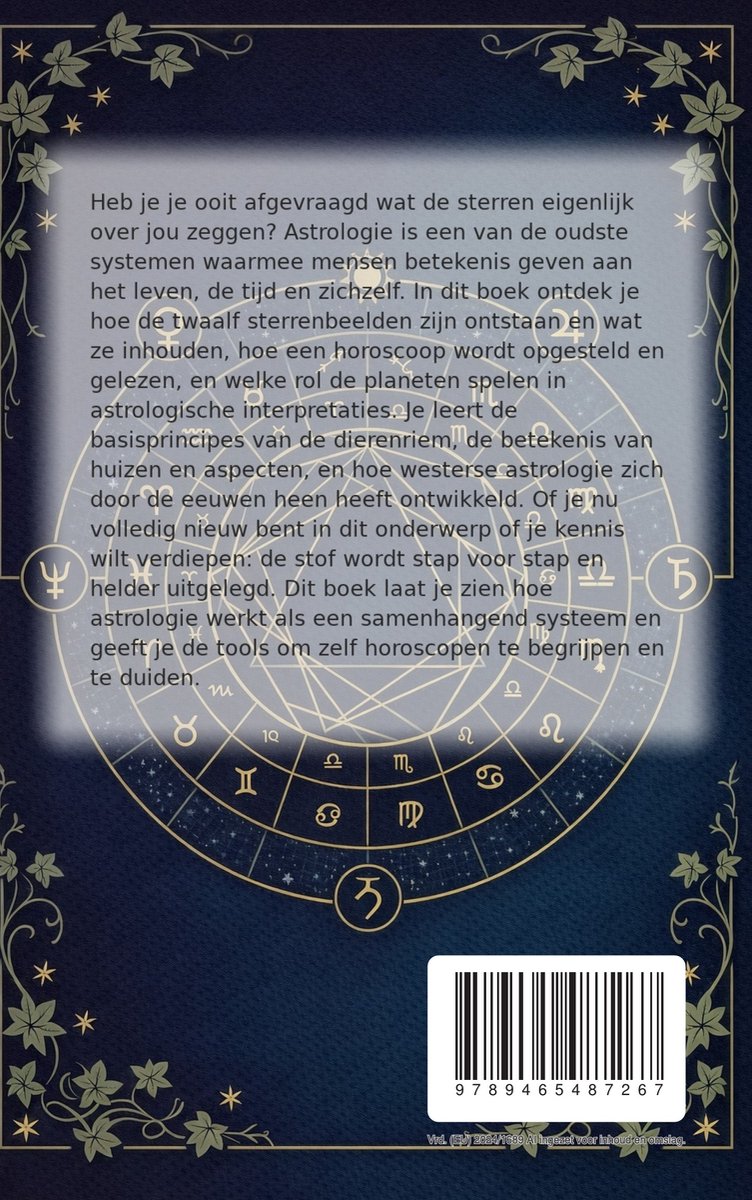 Achterkant van het boek met uitleg over astrologie, sterrenbeelden en horoscopen. Rechtsonder een barcode.