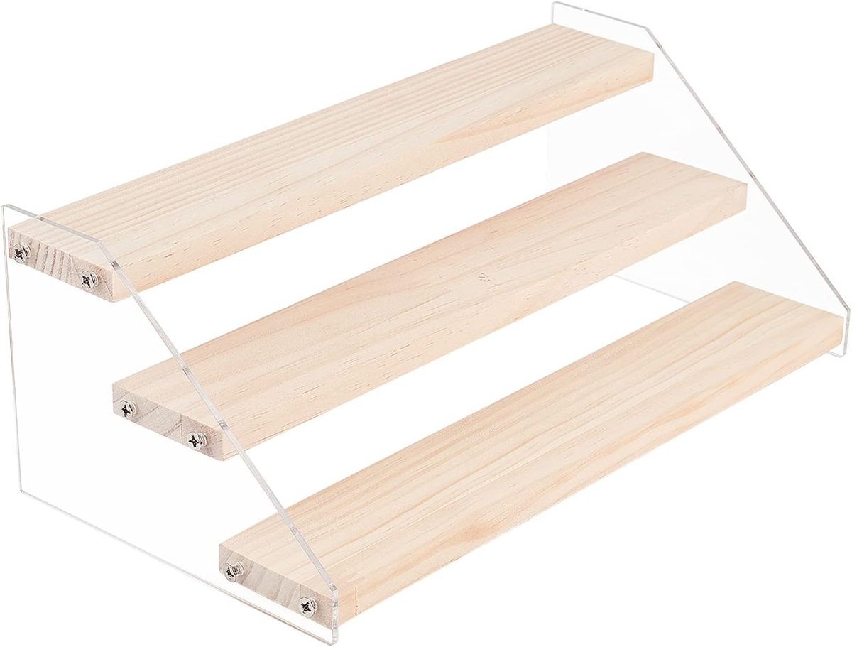 Acryl Display Stand voor Ambachten - 3-Steps Transparant met Houten Basis