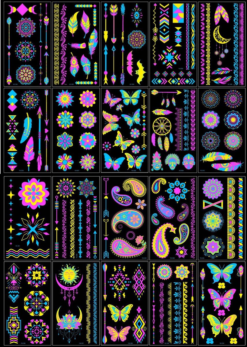 carmdering - Neon Tattoos - Tijdelijke Glow Tattoos - UV Party Stickers - Licht Op Onder Zwarte Lamp - Waterdicht En Zweetbestendig - Plantaardige Inkt - Unieke Patronen - Ideaal Voor Festivals En Feesten - 200 Vellen