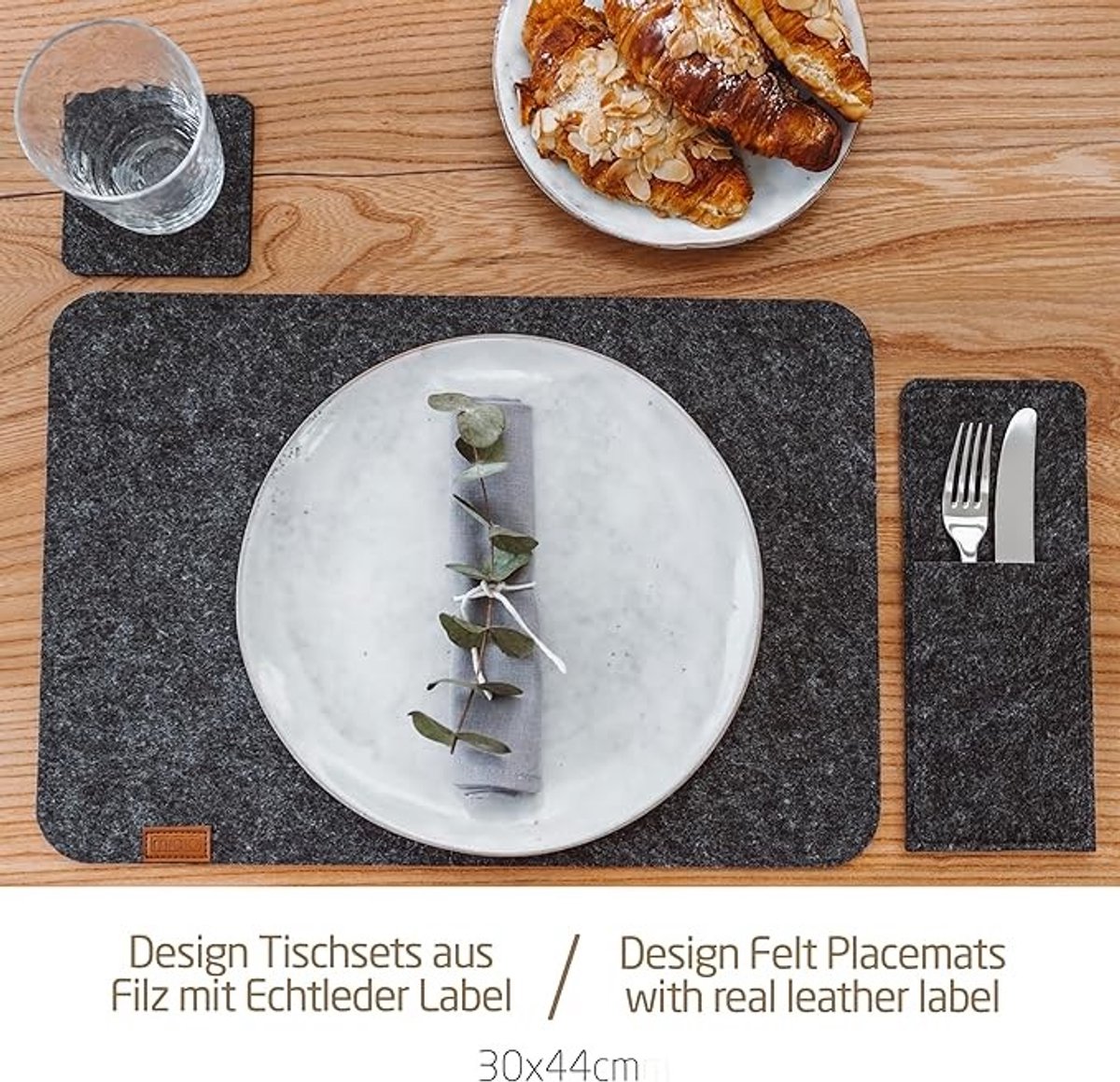 Set van 4 Vilten Placemats met Leren Label - 44x30 cm - Donkergrijs — cadeau in Wonen & Interieur - foto 3
