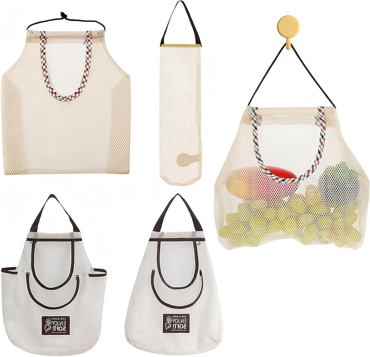 Hergebruikbare Netten voor Groenten en Fruit - Beige Mesh Tassen voor Aardappelen, Uien en Meer - Set van 4 Winkelaccessoires
