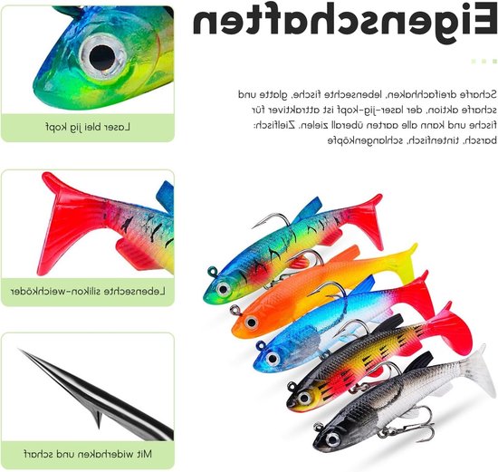 Complete Set van 10 Stuks Rubber Vissen Lures en Jigkoppen voor Zoet- en Zoutwatervisserij, Perfect als Cadeau voor Snoek en Tilapia — afbeelding 5