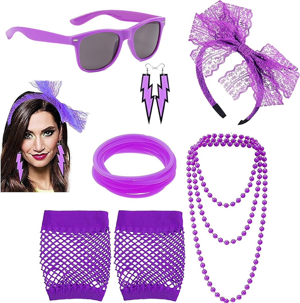 Jaren 80-kostuum voor dames met neon kleuren, kanten stoffen en accessoires voor retro feesten