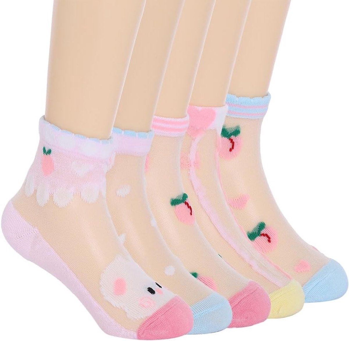Schattige transparante roze dierenpatroon peutersokken voor meisjes - ultra dunne enkelsokken voor de zomer (5 paar) - 1-3 jaar, ademend en comfortabel